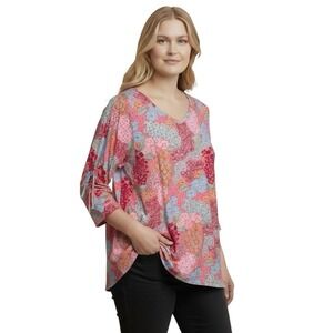 Talbots Pink Floral Knit Top XL Ruched Sleeves Cotton Modal Casual Soft Tunic